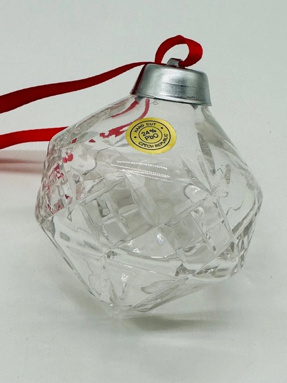 VTG Hand Cut Crystal Czech Republic Christmas Ornament With Original Green box.